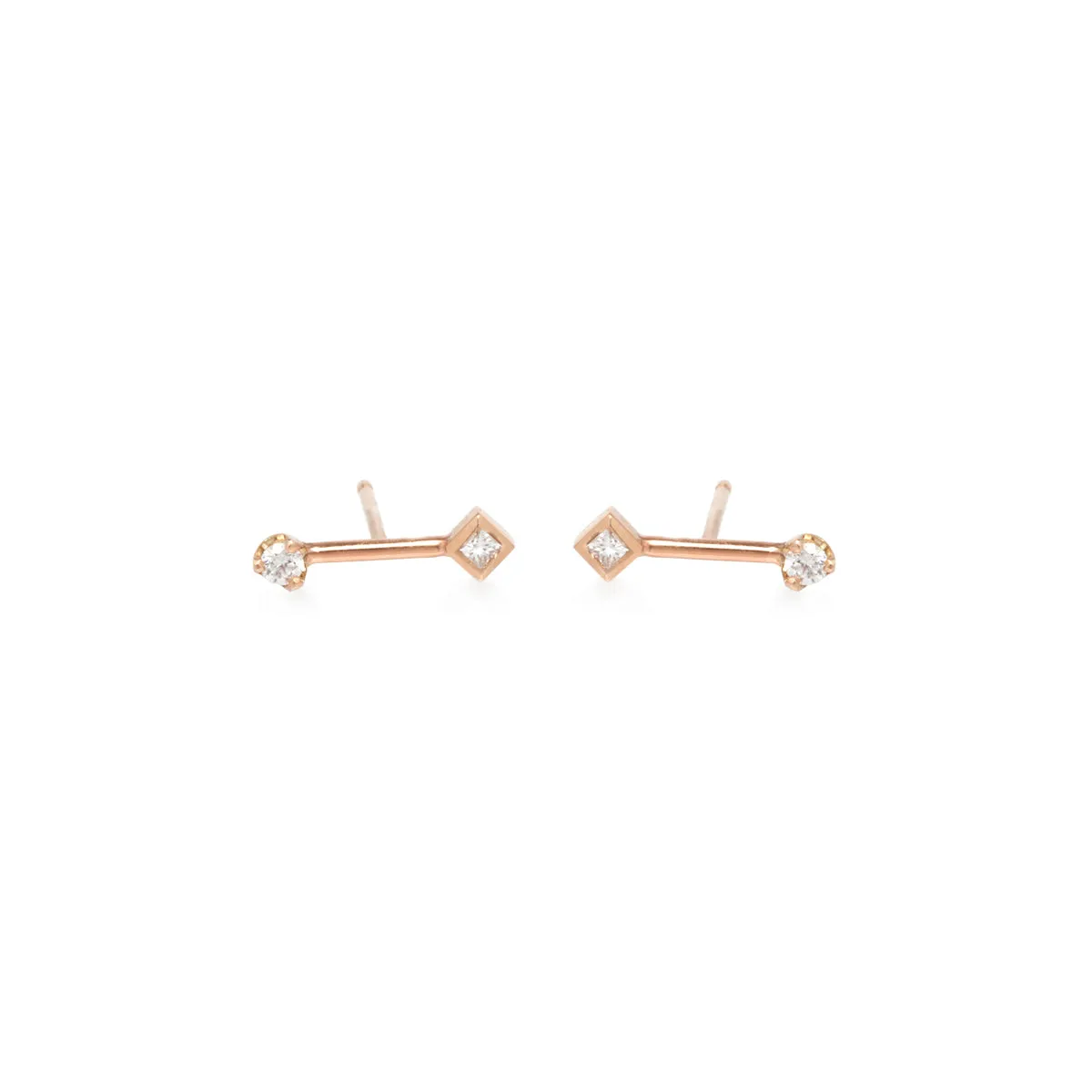 14k gold barbell prong and princess diamond studs