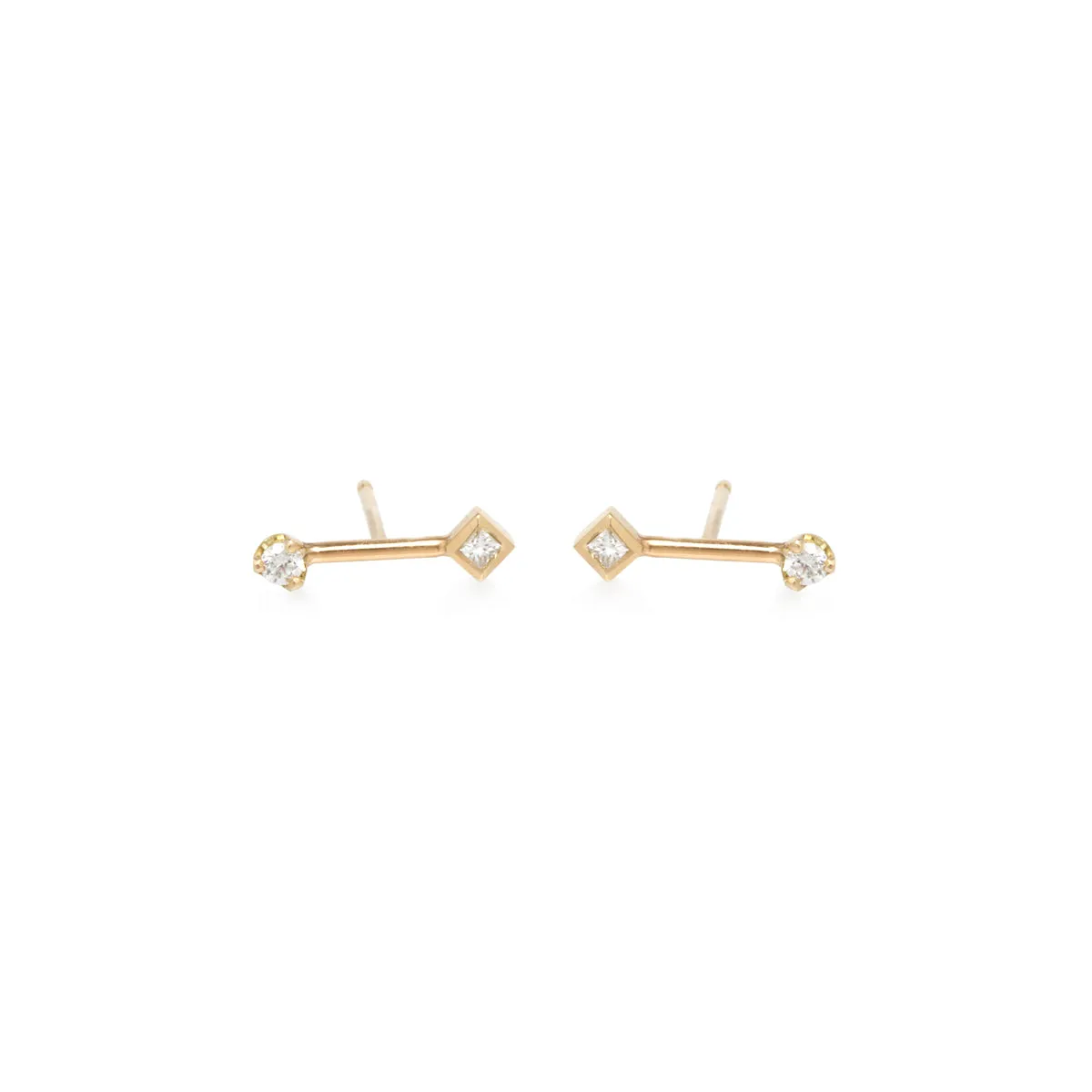 14k gold barbell prong and princess diamond studs