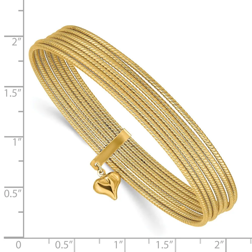 14K Gold Polished Bangle Set with Heart Dangle Elegant Stackable Style