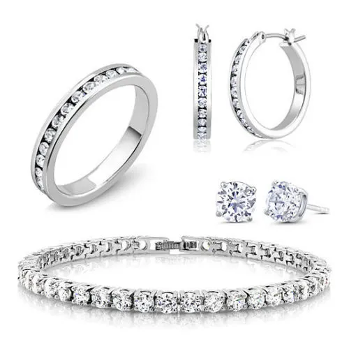 18K White Gold Plated and CZ Jewelry Set - Hoops  Studs  Tennis Bracelet  and Ring