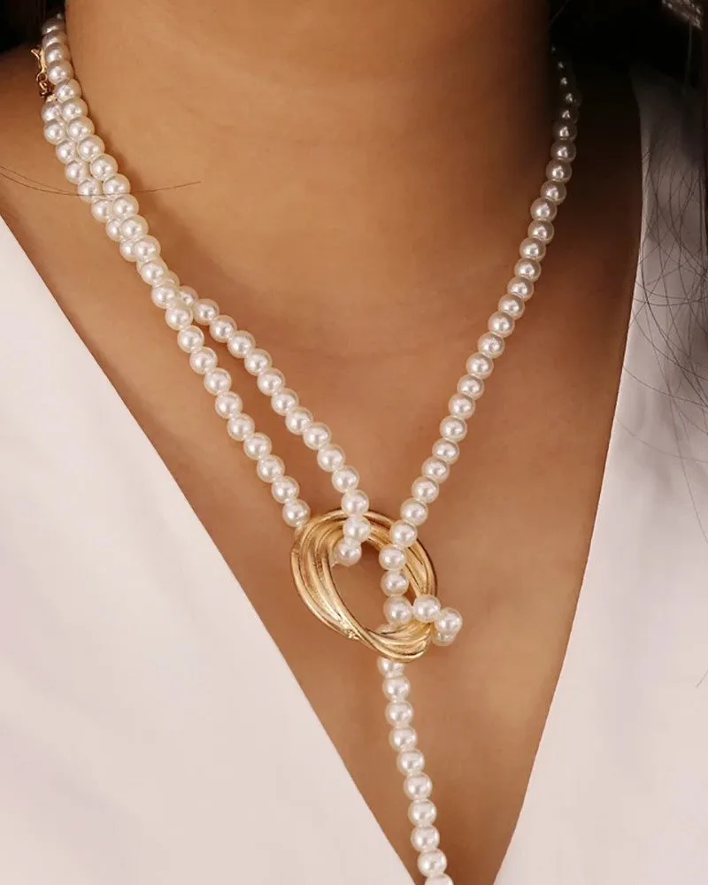 1PCS Faux Pearl Geo Coin Pattern Necklace