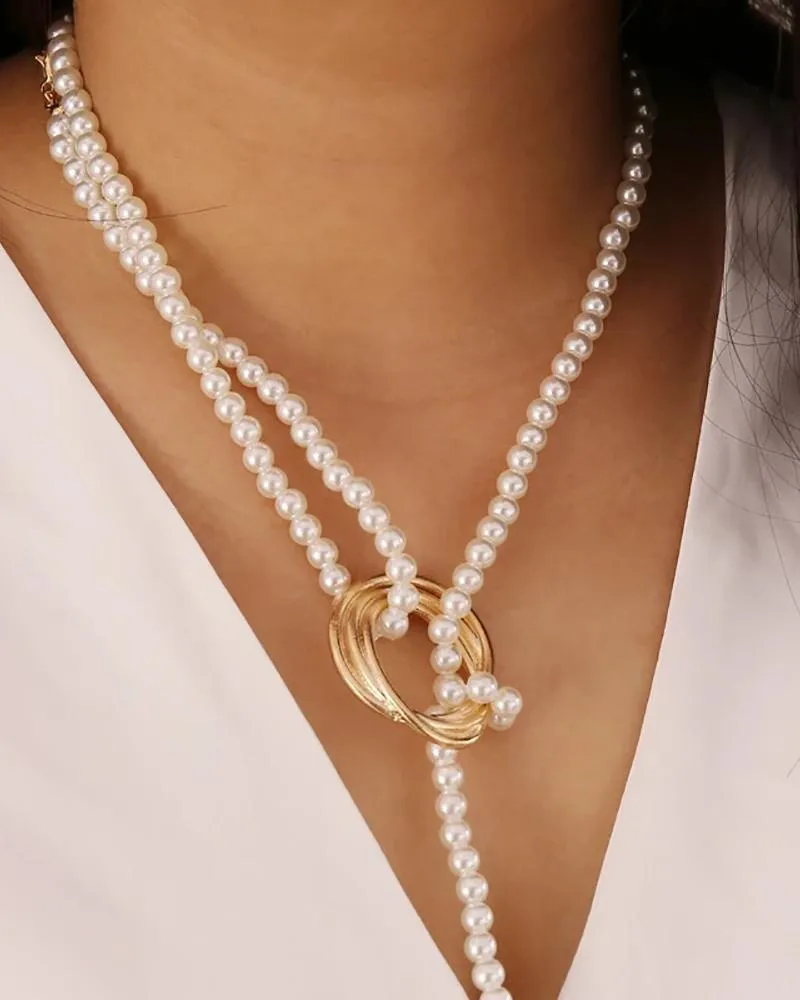 1PCS Faux Pearl Geo Coin Pattern Necklace