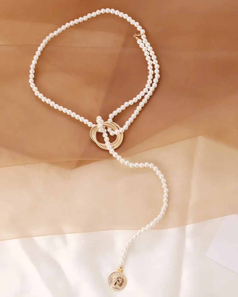 1PCS Faux Pearl Geo Coin Pattern Necklace