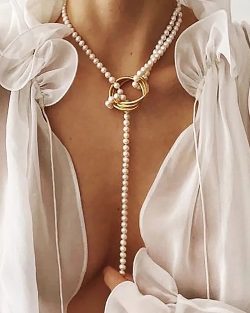1PCS Faux Pearl Geo Coin Pattern Necklace