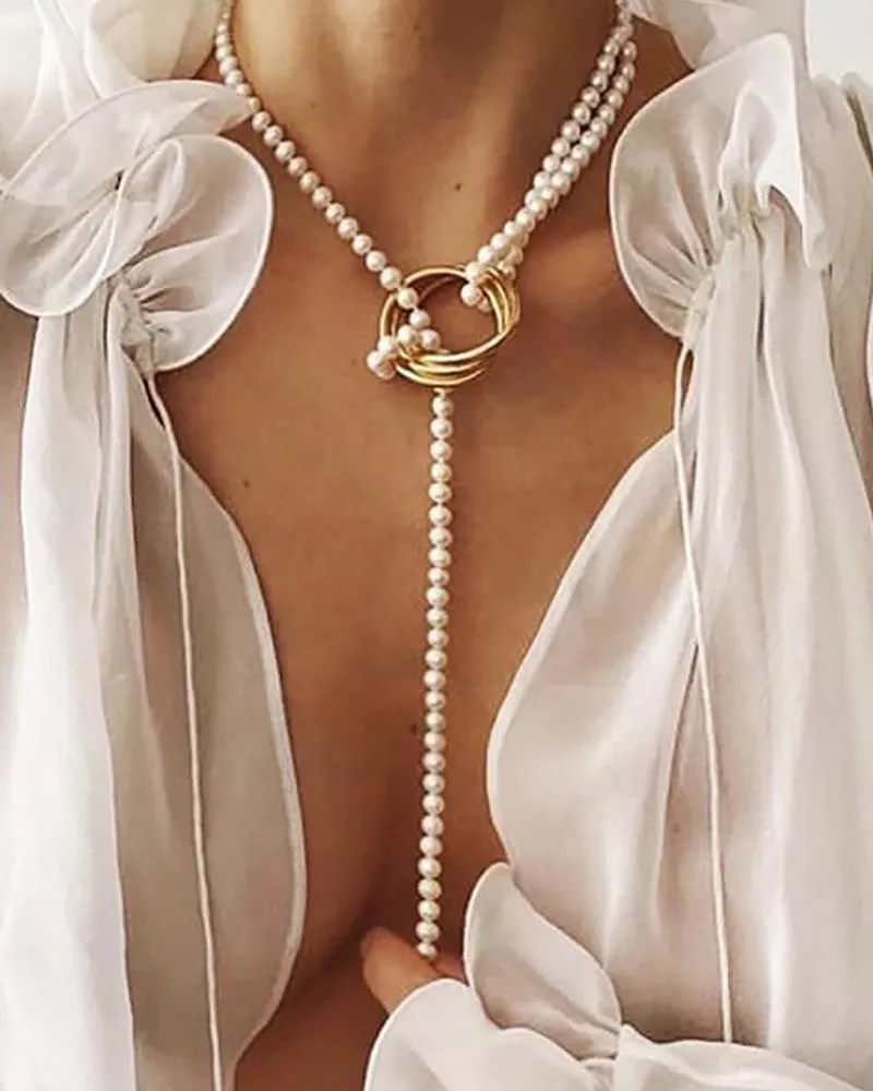 1PCS Faux Pearl Geo Coin Pattern Necklace