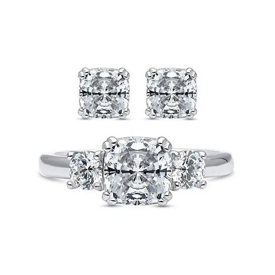 2-Pack: Cushion Cut Studs and Cushion Cut Ring with Side Stones