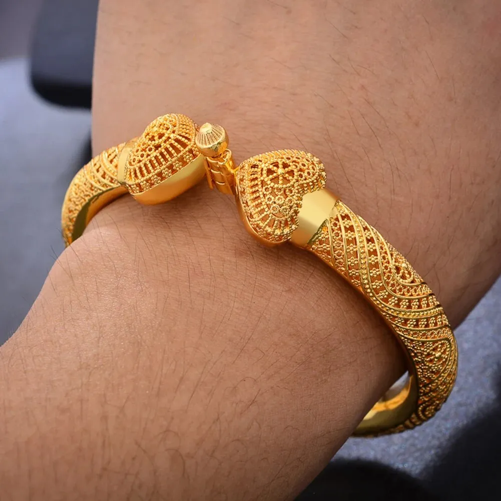 24k Luxury Dubai Wedding Gold Color Bangles For Women Girls Heart Bride India Bangles Bracelets