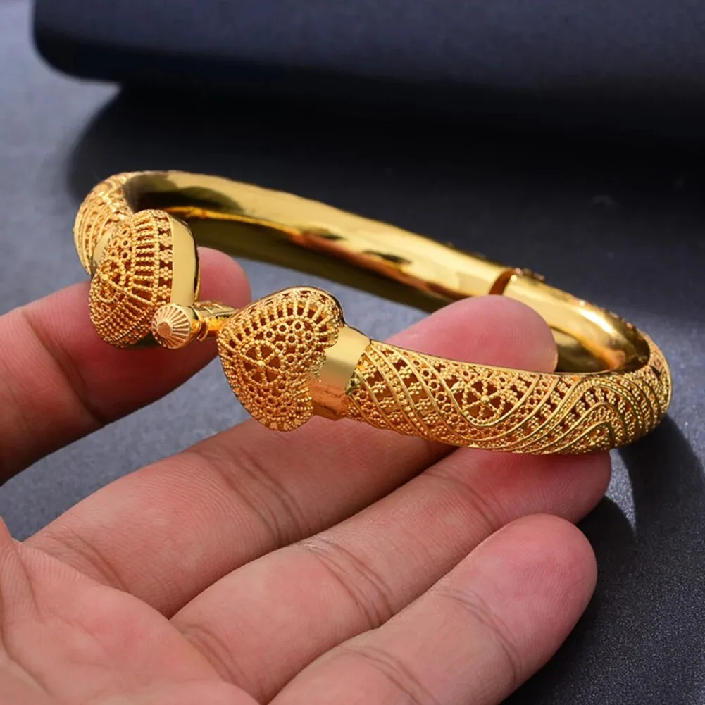 24k Luxury Dubai Wedding Gold Color Bangles For Women Girls Heart Bride India Bangles Bracelets