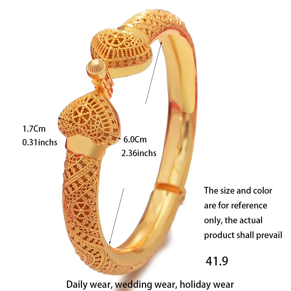 24k Luxury Dubai Wedding Gold Color Bangles For Women Girls Heart Bride India Bangles Bracelets