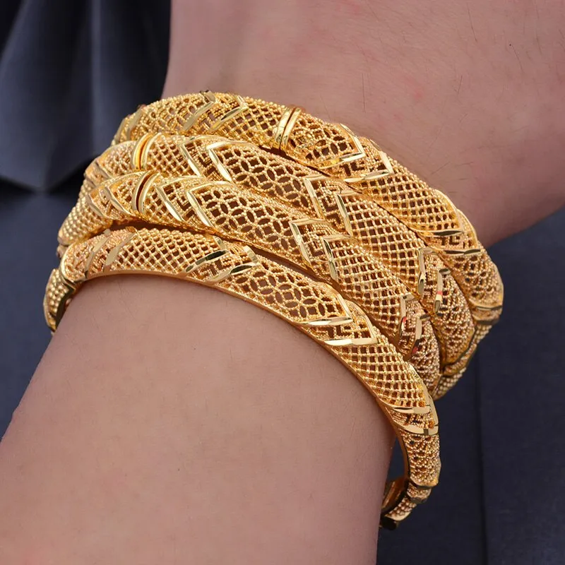 4pc/lot Classic Gold Color Bangles Women Girls Plaid Charm Luxury Bangles Bracelet