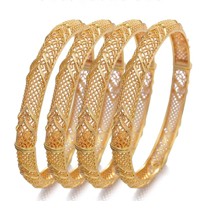 4pc/lot Classic Gold Color Bangles Women Girls Plaid Charm Luxury Bangles Bracelet