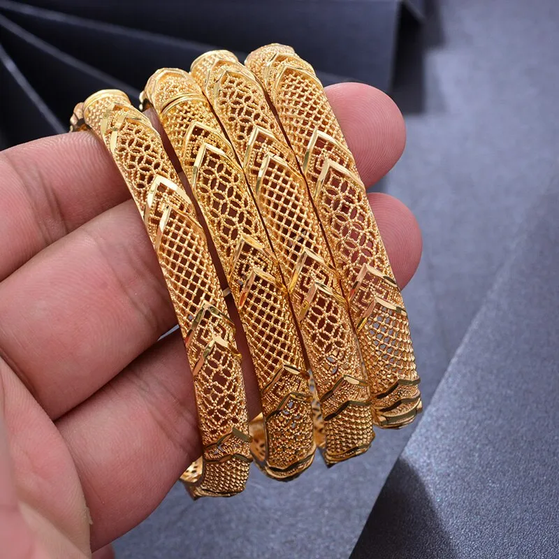 4pc/lot Classic Gold Color Bangles Women Girls Plaid Charm Luxury Bangles Bracelet