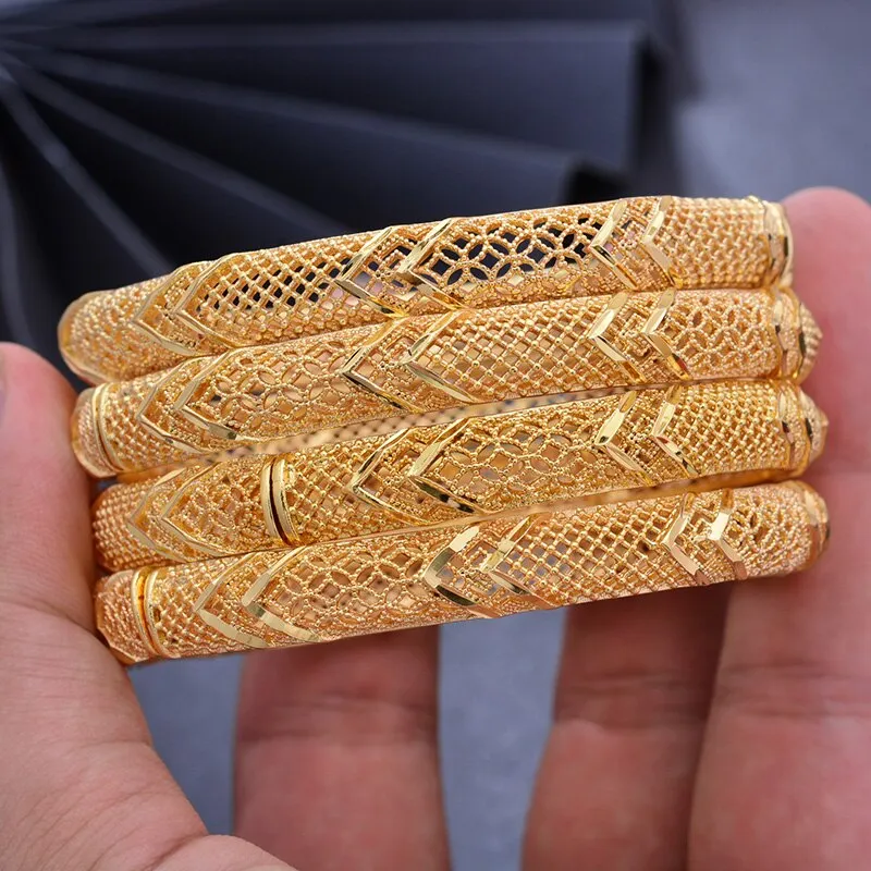 4pc/lot Classic Gold Color Bangles Women Girls Plaid Charm Luxury Bangles Bracelet