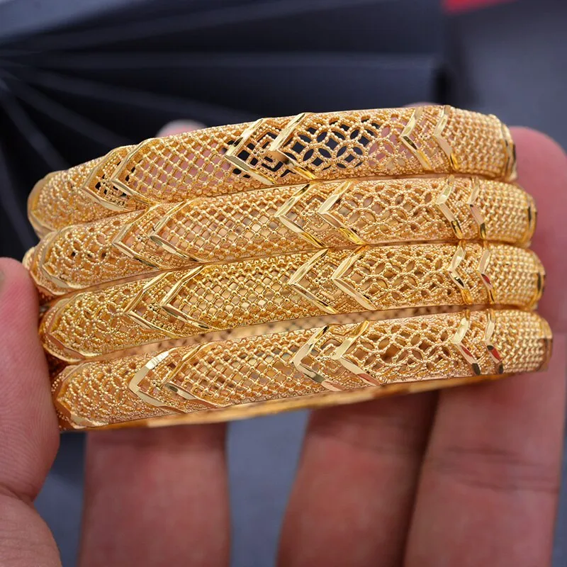 4pc/lot Classic Gold Color Bangles Women Girls Plaid Charm Luxury Bangles Bracelet