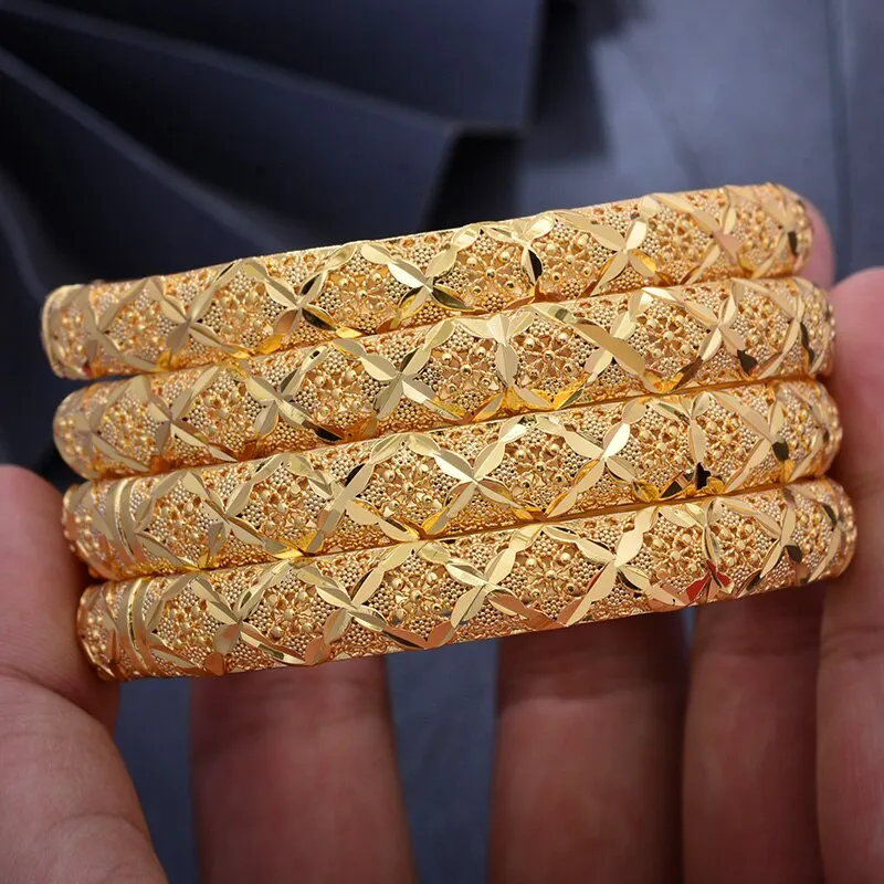 4pcs Dubai Bangles Arab diameter 6cm Gold color Bracelet bangles For Men Women