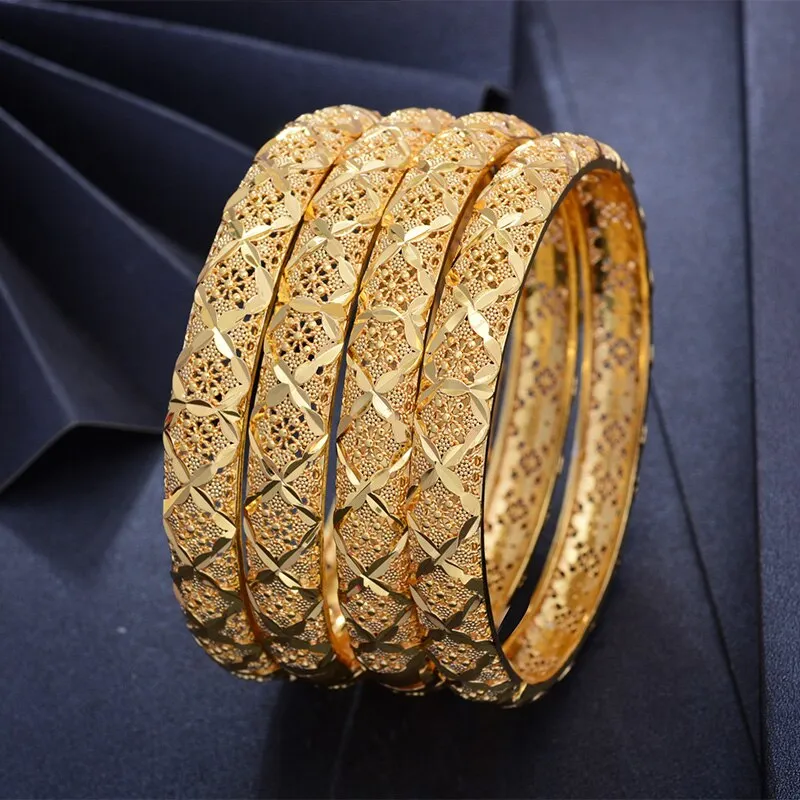 4pcs Dubai Bangles Arab diameter 6cm Gold color Bracelet bangles For Men Women