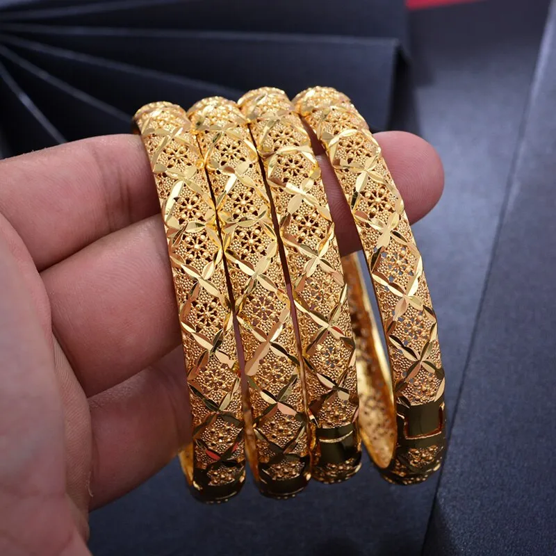 4pcs Dubai Bangles Arab diameter 6cm Gold color Bracelet bangles For Men Women