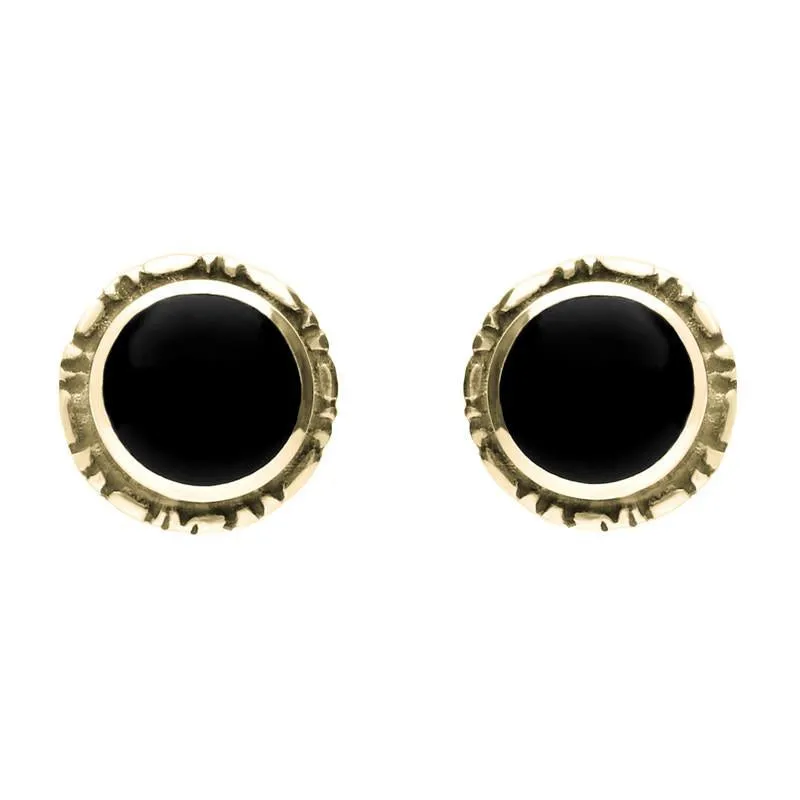 9ct Yellow Gold Whitby Jet Small Round Rope Edge Stud Earrings