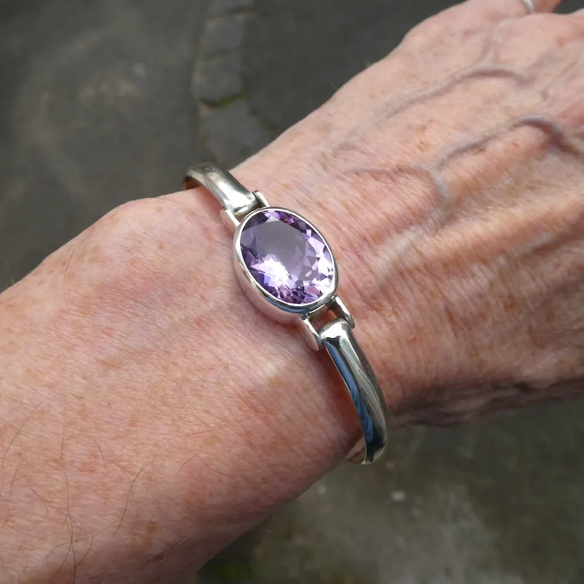 Amethyst Bracelet Bangle, Faceted Oval Gemstone, 925 Sterling Silver
