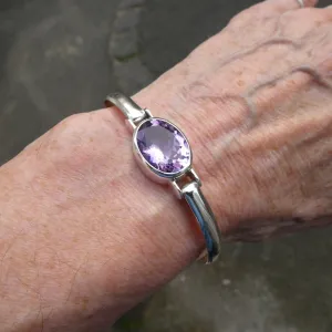 Amethyst Bracelet Bangle, Faceted Oval Gemstone, 925 Sterling Silver