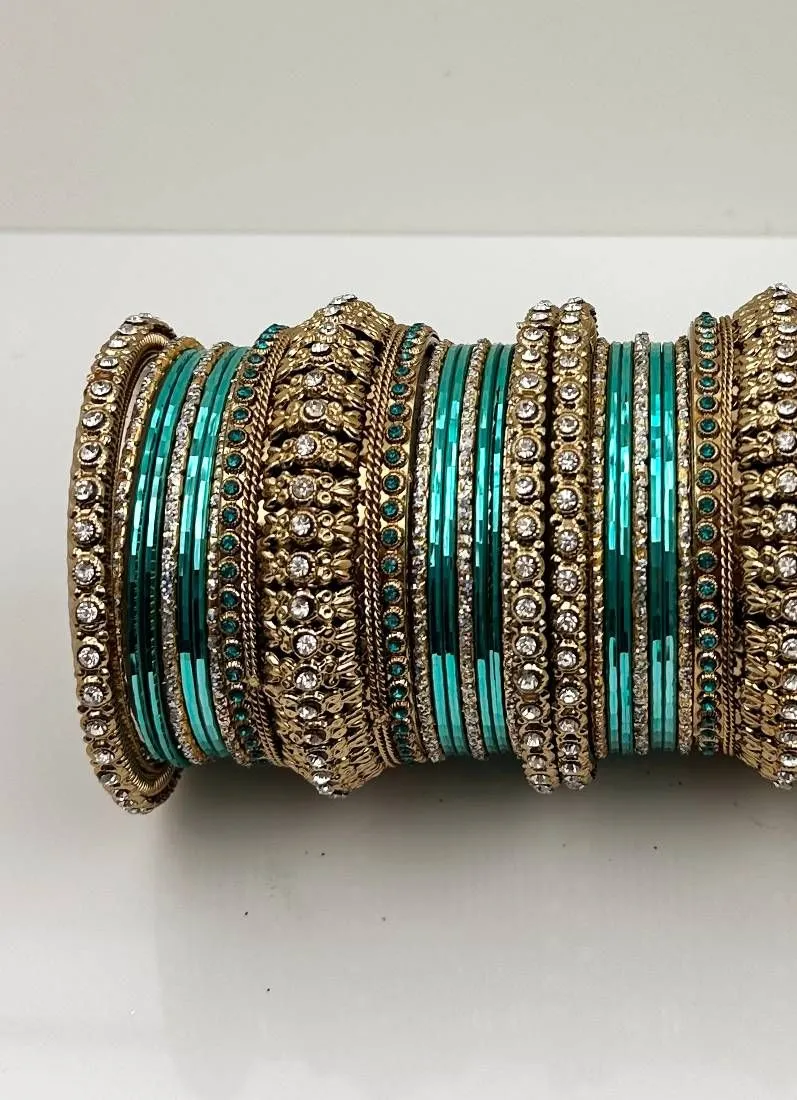Aqua Green Gold Kara Bangle Set