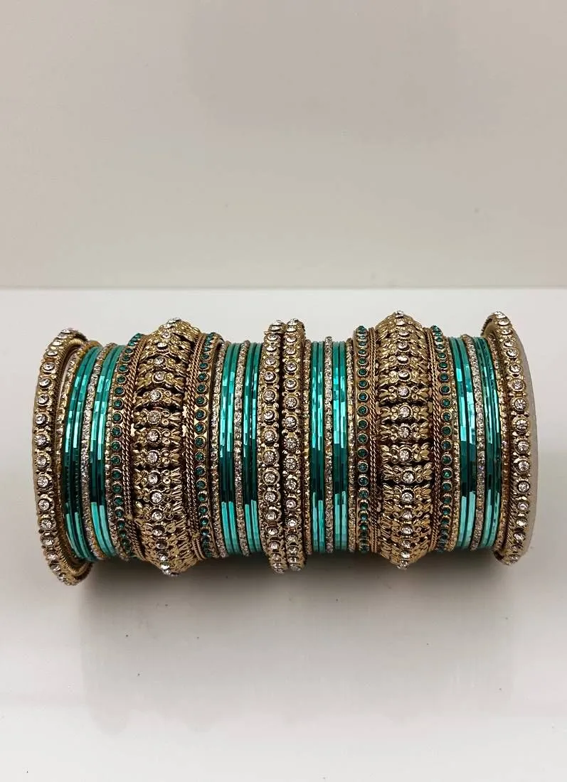 Aqua Green Gold Kara Bangle Set