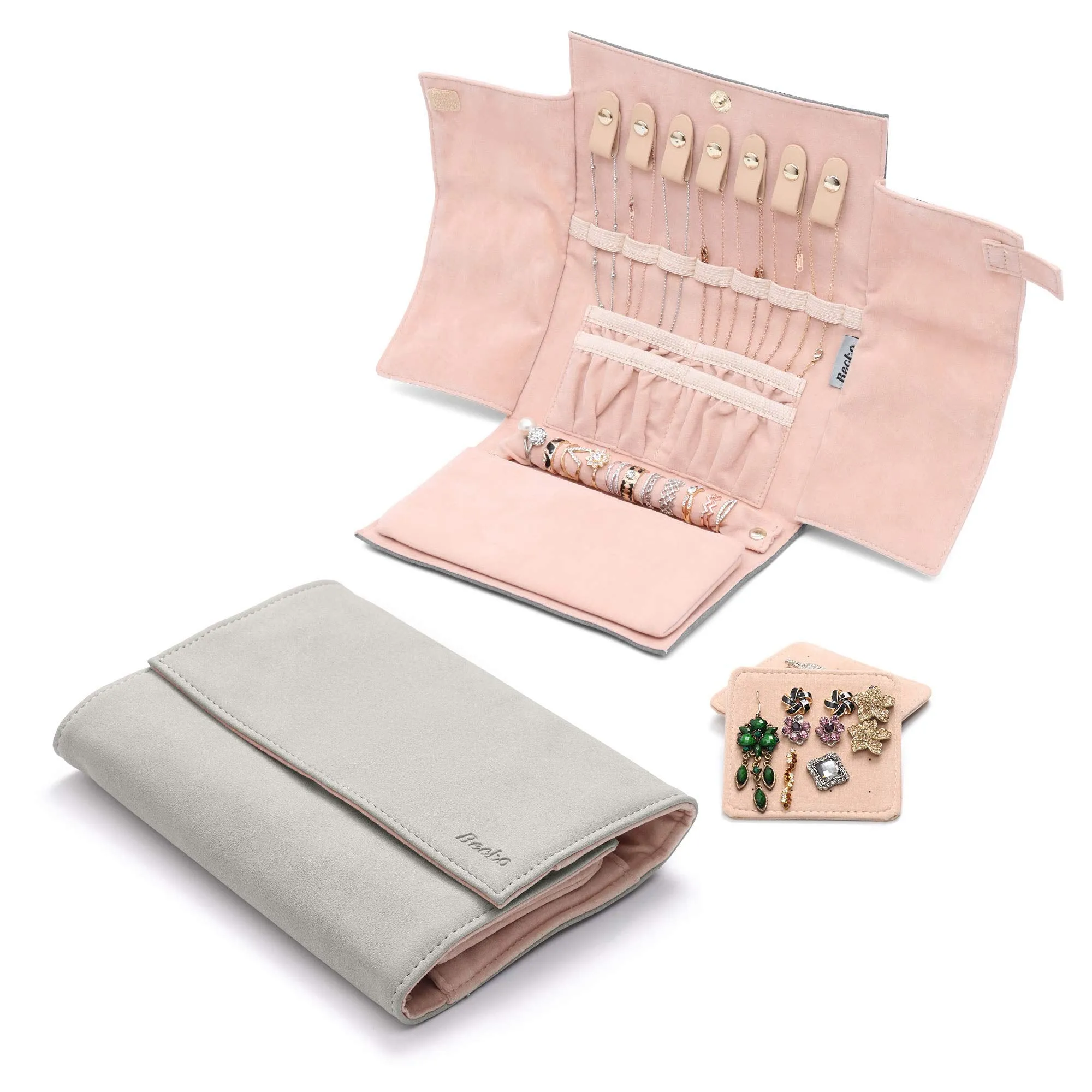 Becko Jewelry Organizer Roll Travel Jewel Bag case for Multiple Necklaces, Rings, Bracelets, Supple Leather & Suede, Large Capacity Without Crease, Lightweight, Portable & Practical (Gray) Gray