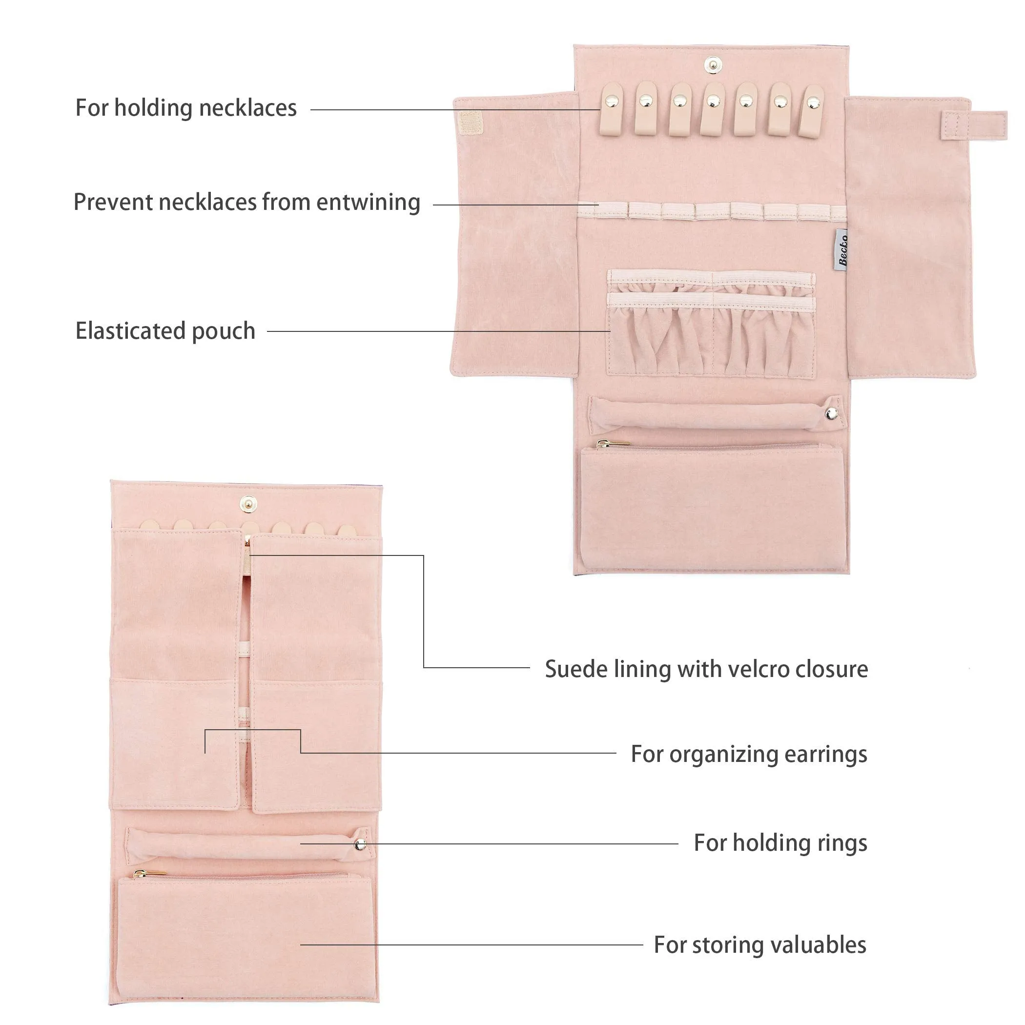Becko Jewelry Organizer Roll Travel Jewel Bag case for Multiple Necklaces, Rings, Bracelets, Supple Leather & Suede, Large Capacity Without Crease, Lightweight, Portable & Practical (Gray) Gray