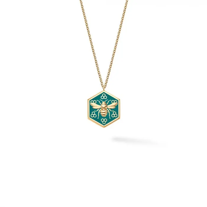 Birks 18K Yellow Gold Bee Chic Teal Enamel Hexagon Necklace