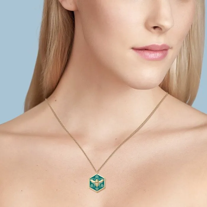Birks 18K Yellow Gold Bee Chic Teal Enamel Hexagon Necklace