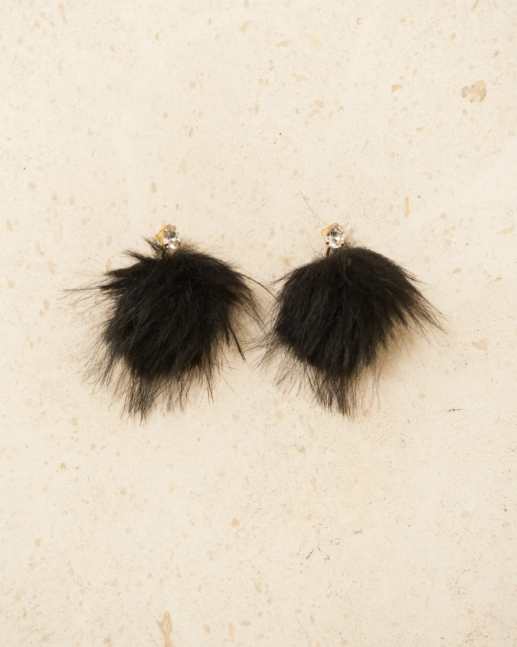 Black Crystal Stud Pompom Earrings