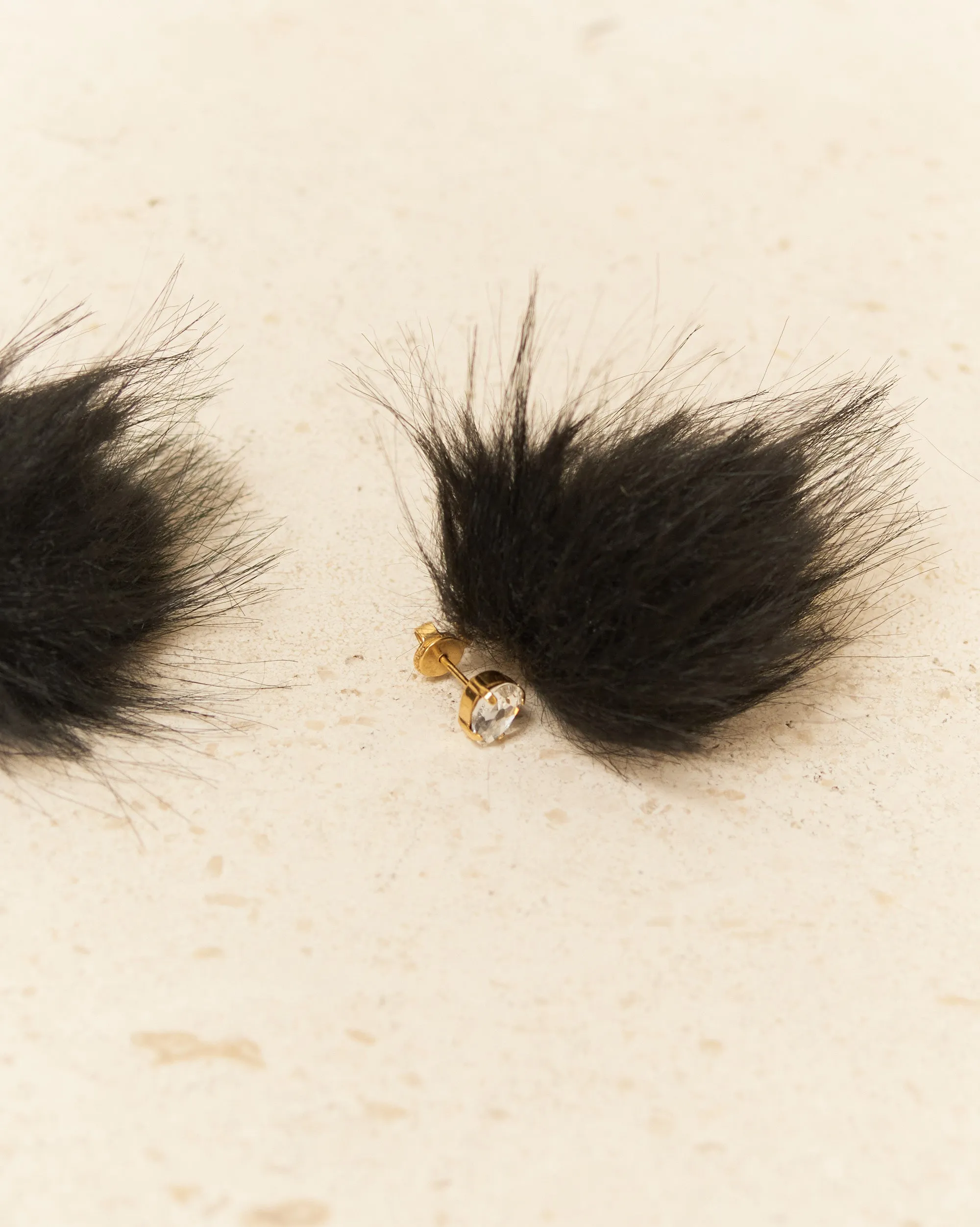 Black Crystal Stud Pompom Earrings