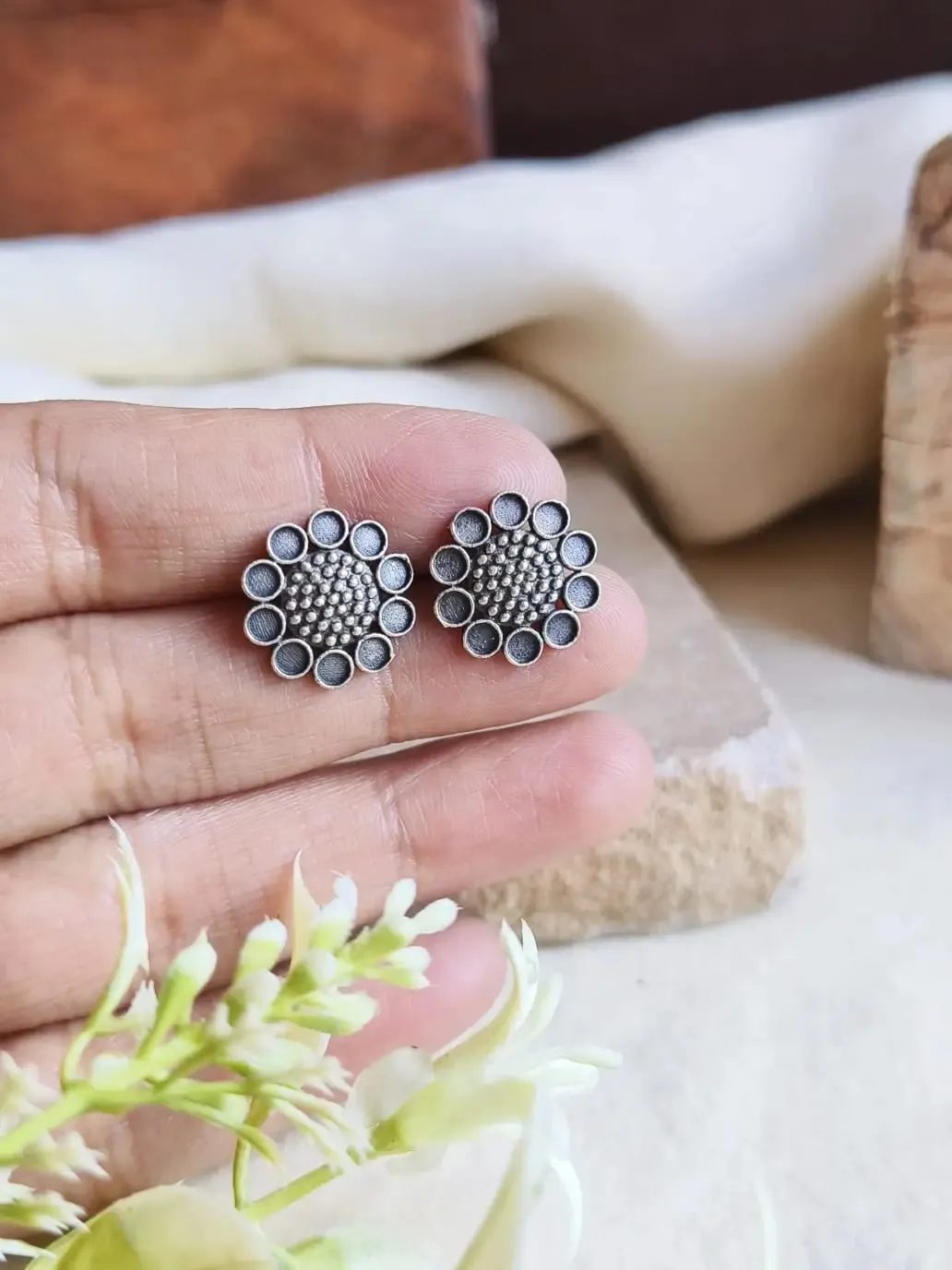 Brass Silver Replica Stud Earrings for Everyday Elegance | Sarichka