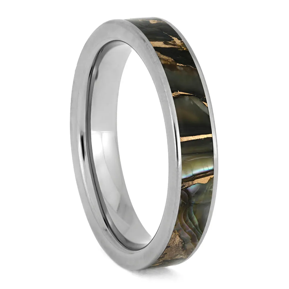 Bronze Abalone Ring, Color Changing Wedding Band In Titanium