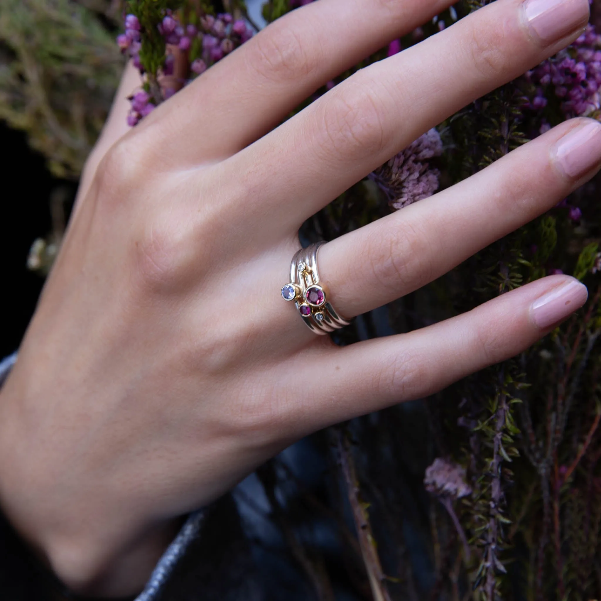 Cassiopeia - Rhodolite Garnet, Ruby, White Sapphire and Diamond Gold Stacking Ring Set