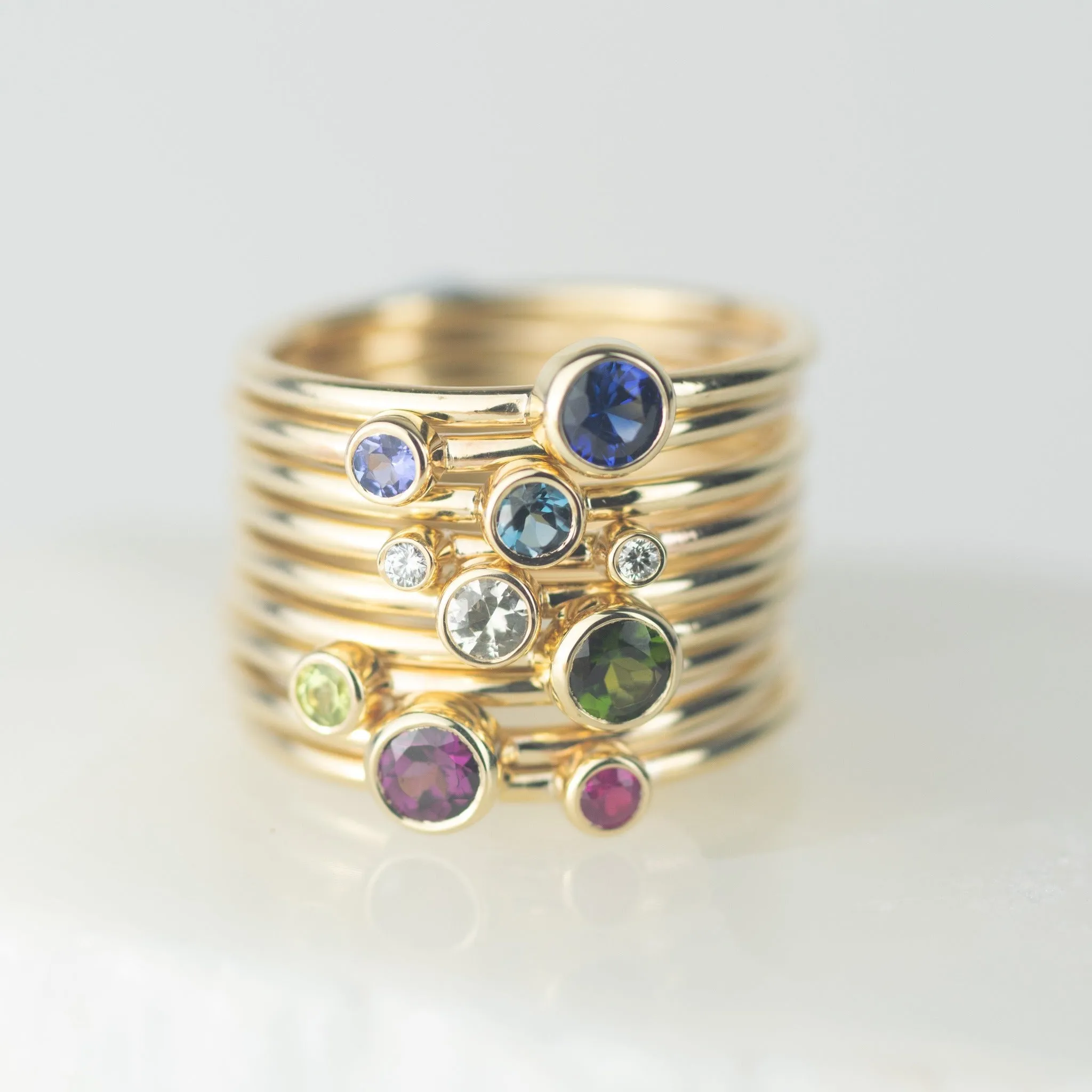 Cassiopeia - Rhodolite Garnet, Ruby, White Sapphire and Diamond Gold Stacking Ring Set