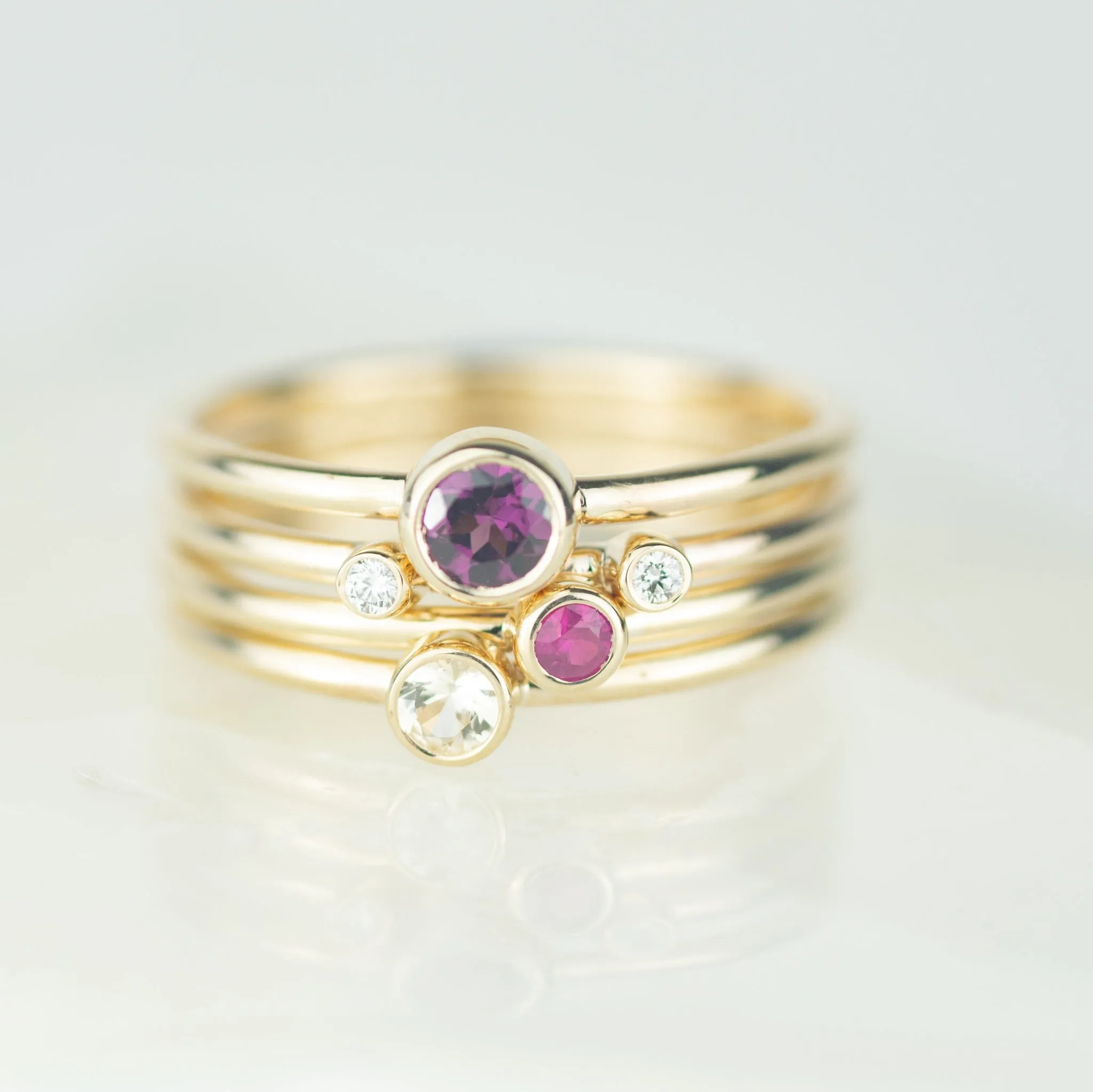 Cassiopeia - Rhodolite Garnet, Ruby, White Sapphire and Diamond Gold Stacking Ring Set
