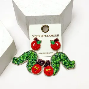 Caterpillar Beaded Earrings With Apple Posts in Green and Red