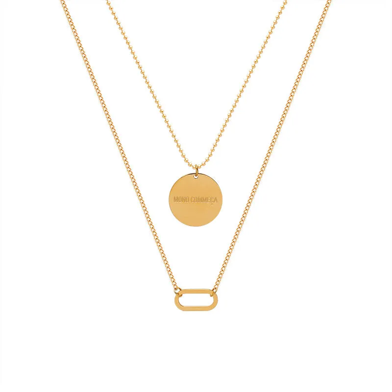 Chic Double Layered Titanium Steel Necklace with Oval Collarbone Pendant