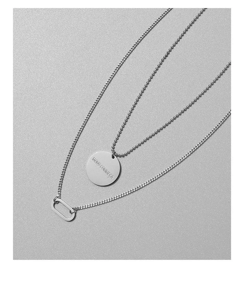 Chic Double Layered Titanium Steel Necklace with Oval Collarbone Pendant