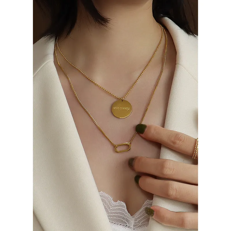 Chic Double Layered Titanium Steel Necklace with Oval Collarbone Pendant