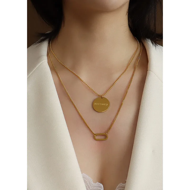 Chic Double Layered Titanium Steel Necklace with Oval Collarbone Pendant