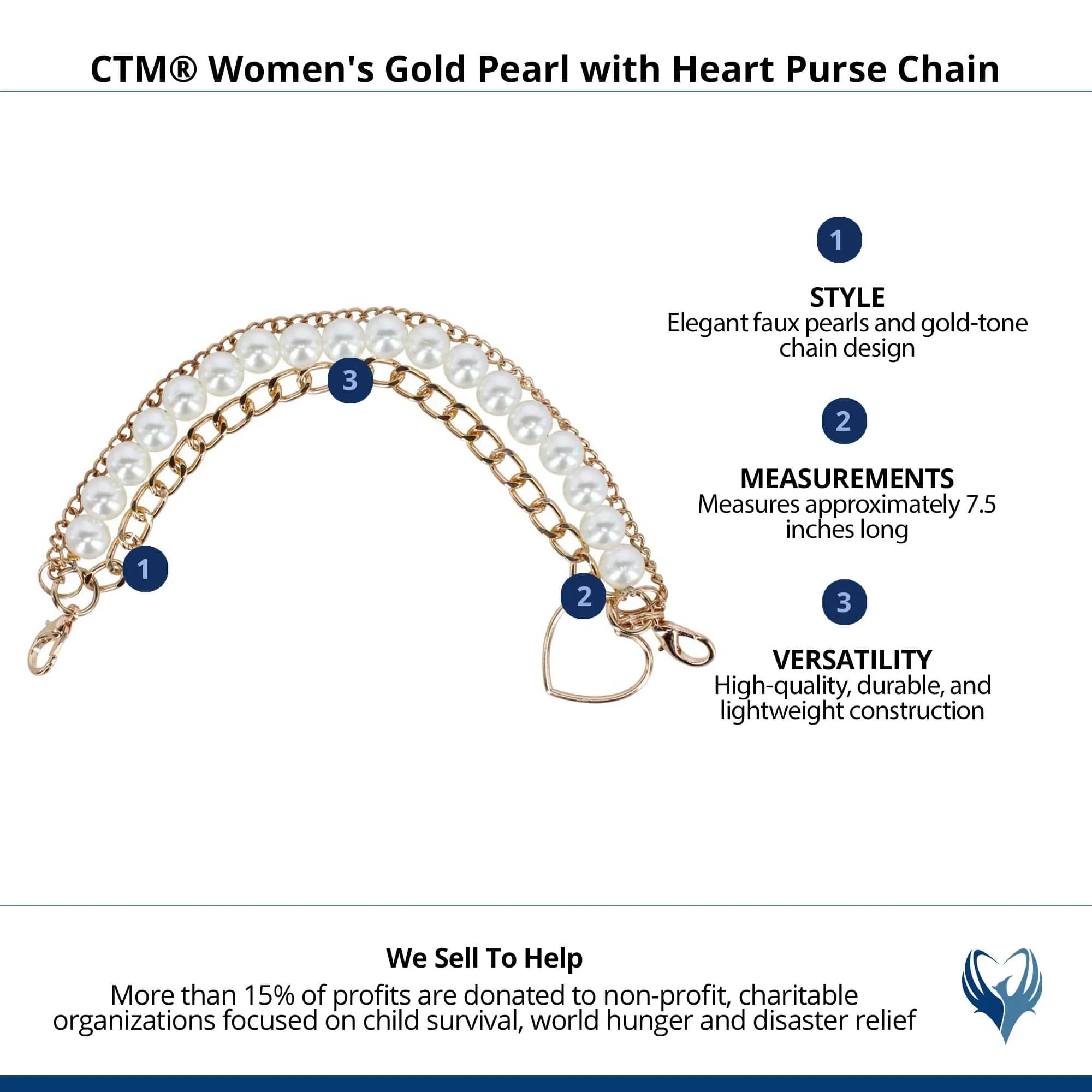 CTM® Women's Gold Pearl with Heart Bag Chain