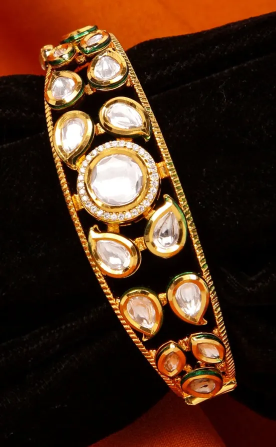 Designer Gold Plated Royal Kundan Openable Bracelet (Design 104)
