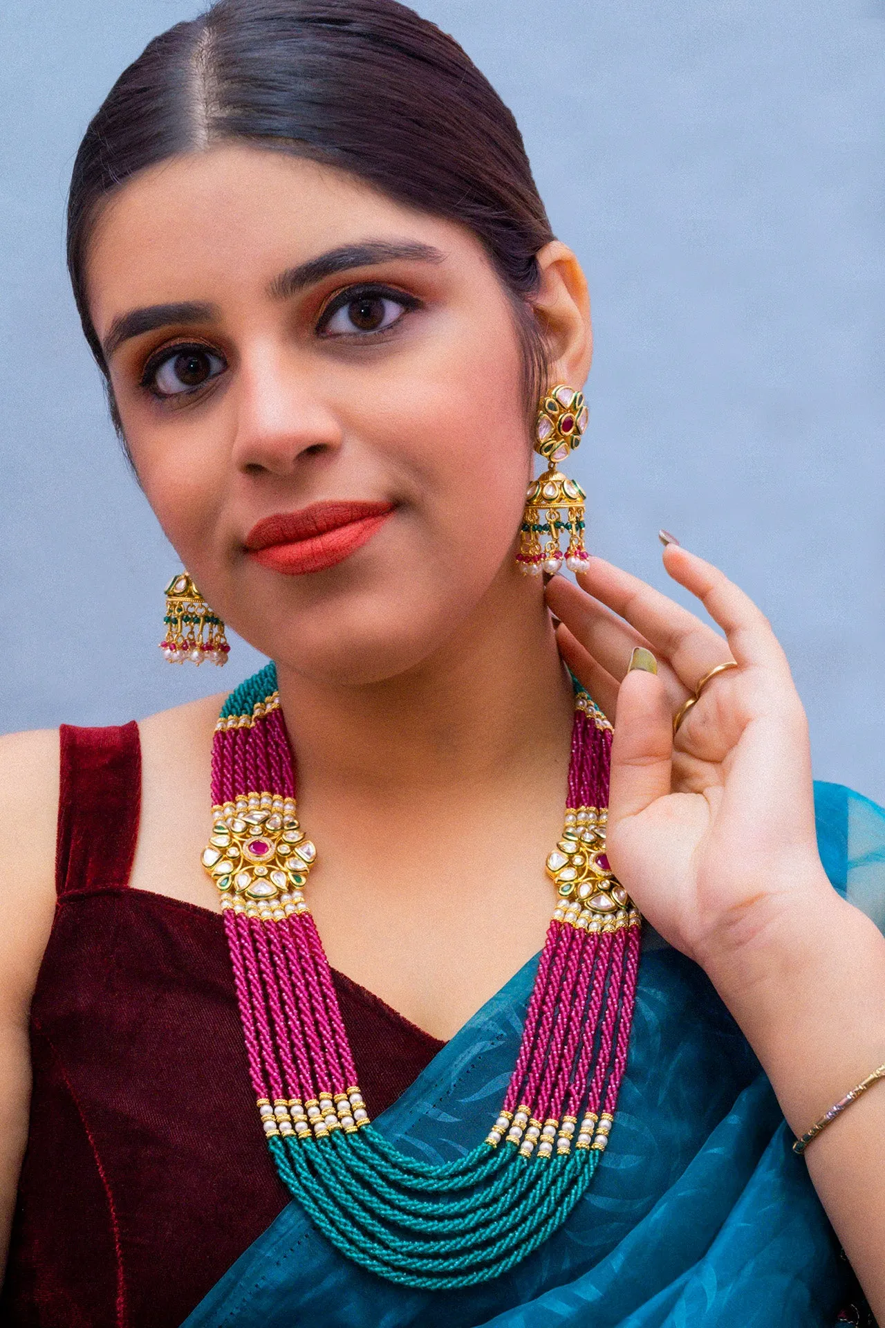 Designer Multi-Layer Royal Kundan Long Necklace with Earrings (D264)
