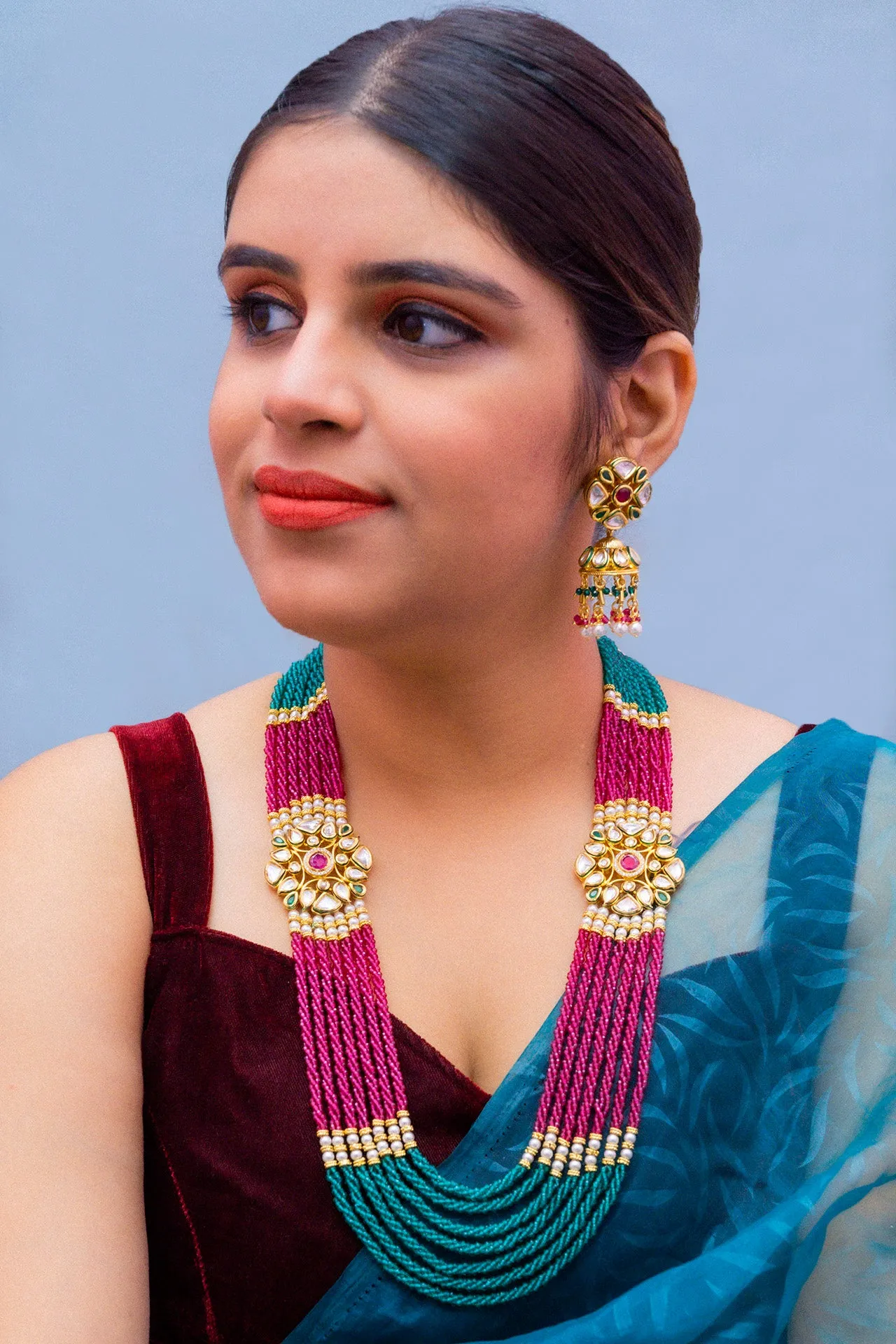 Designer Multi-Layer Royal Kundan Long Necklace with Earrings (D264)