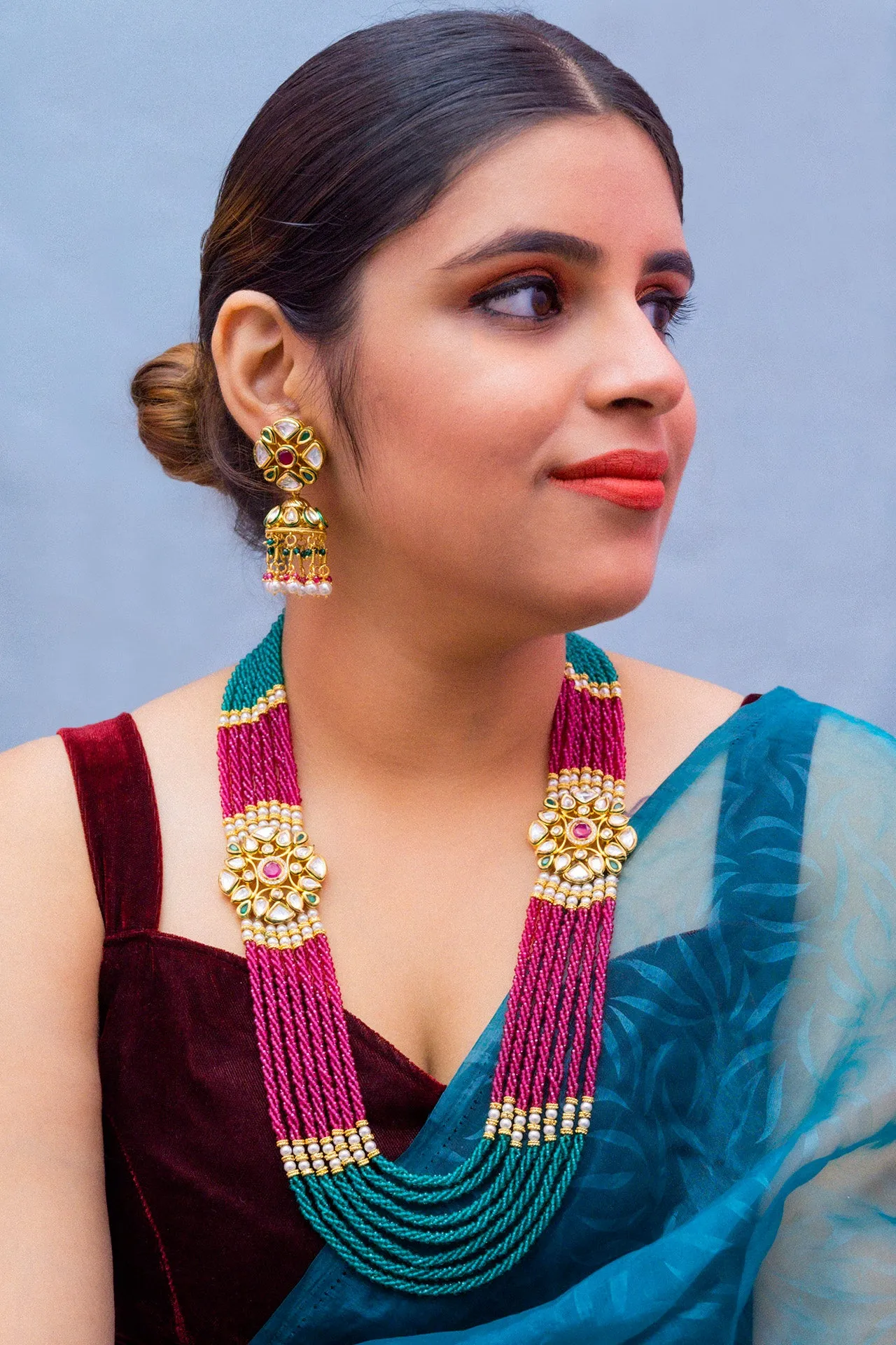 Designer Multi-Layer Royal Kundan Long Necklace with Earrings (D264)