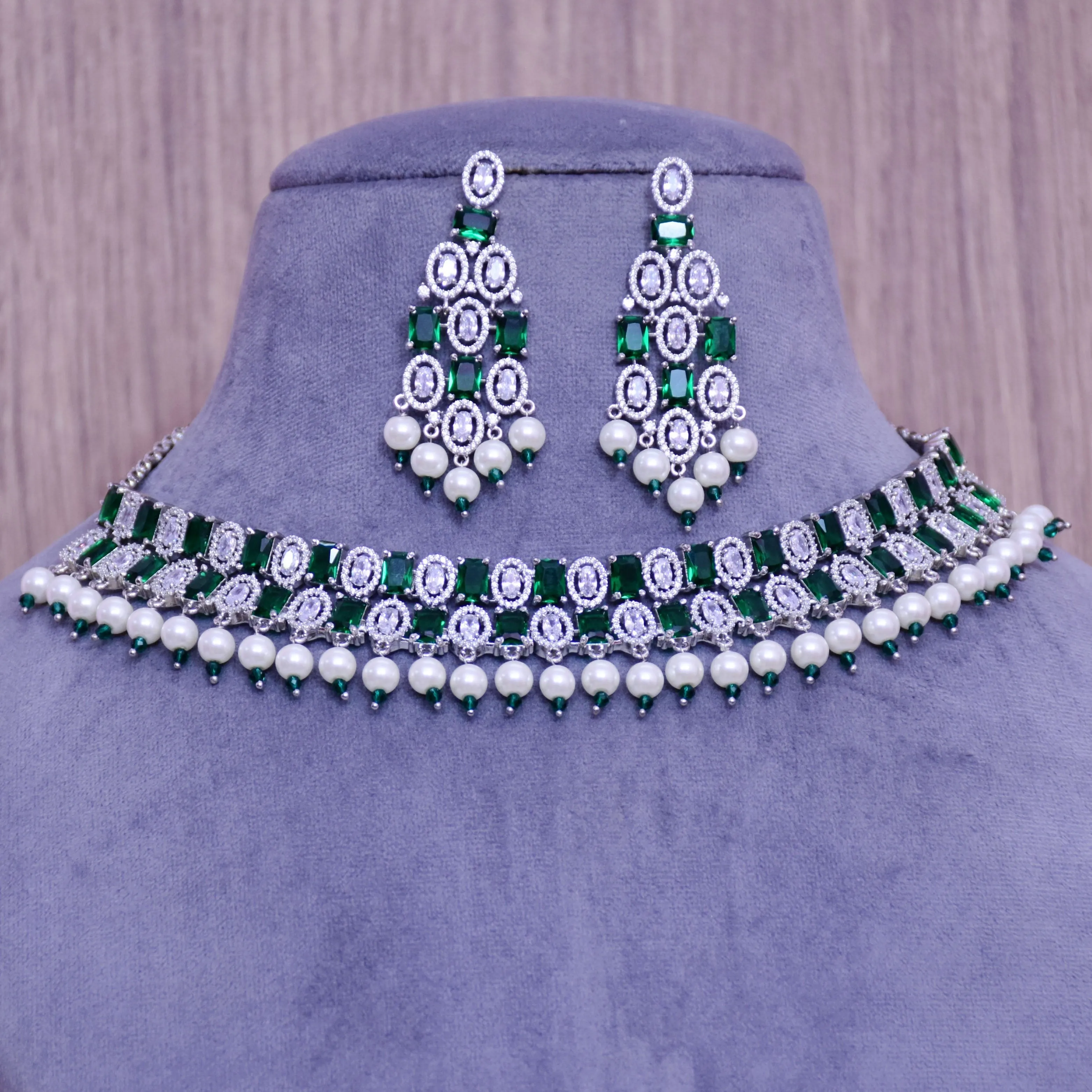 Designer Semi-Precious American Diamond Emerald Necklace & Earrings With Pearls Beads (D673)