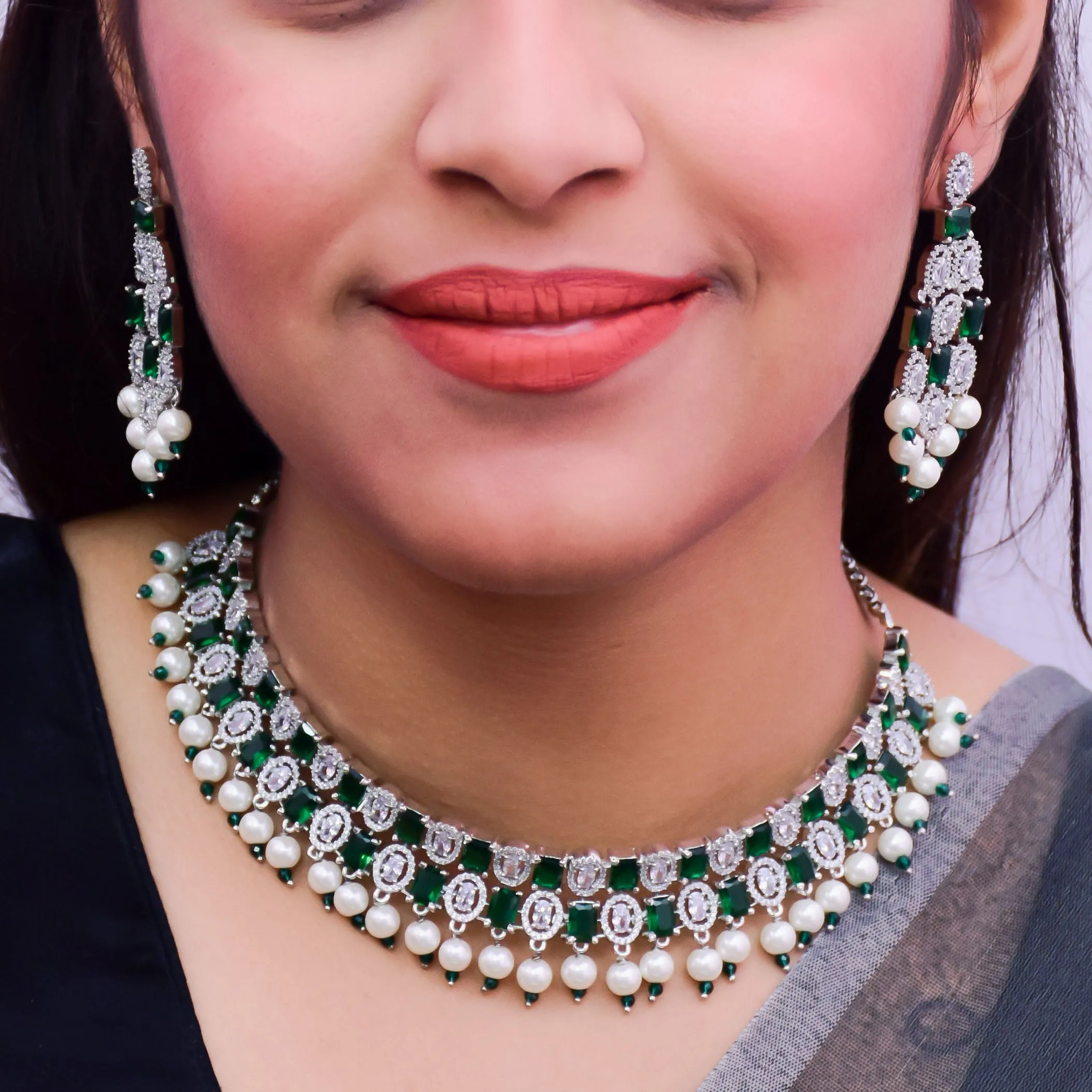 Designer Semi-Precious American Diamond Emerald Necklace & Earrings With Pearls Beads (D673)