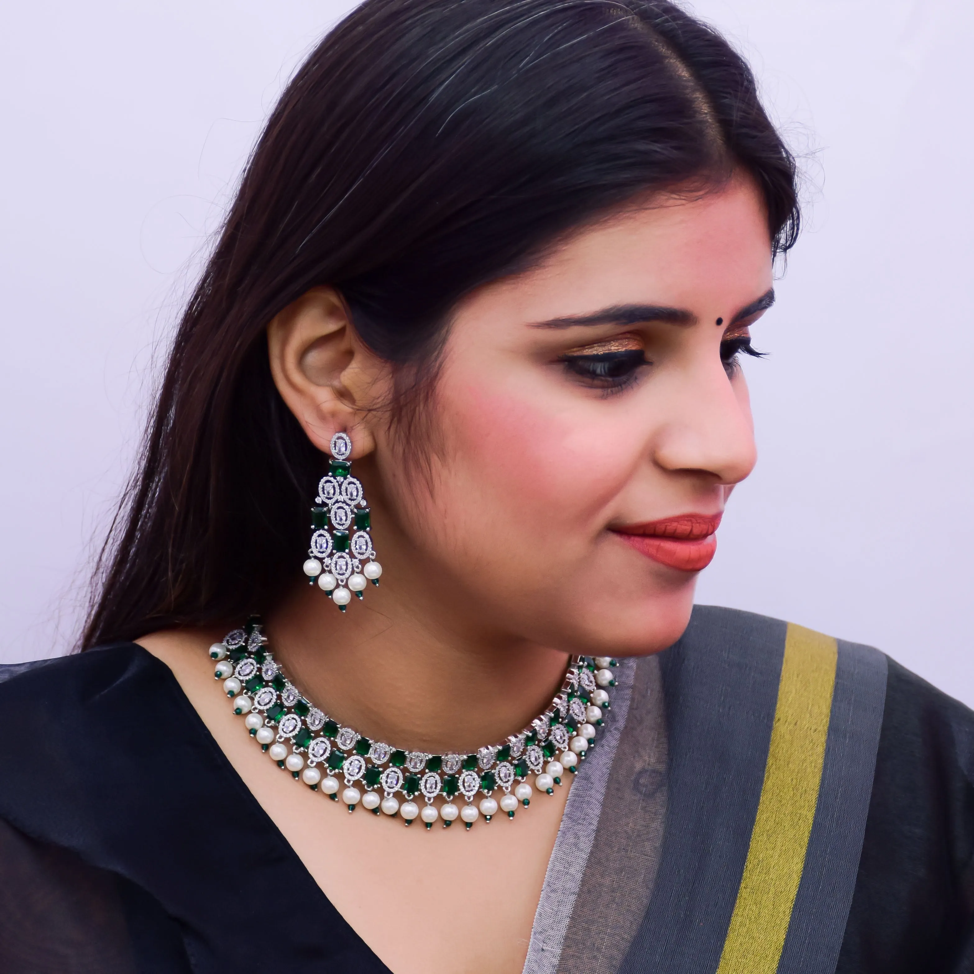 Designer Semi-Precious American Diamond Emerald Necklace & Earrings With Pearls Beads (D673)